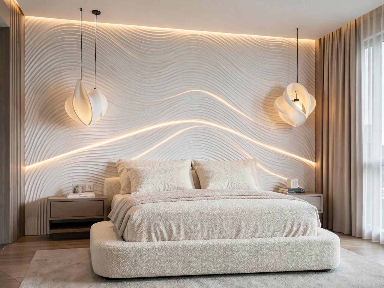 Bedroom with a sculpted wave-textured headboard wall and integrated LED light lines