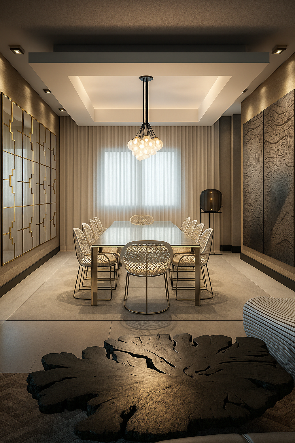 Casabella dining room with sheer drapery and textured feature walls