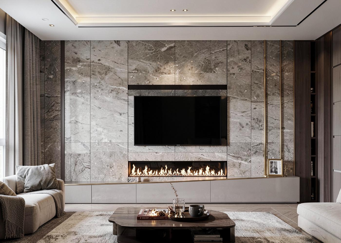 Brickell Flatiron living room with stone WallTV feature wall and fireplace