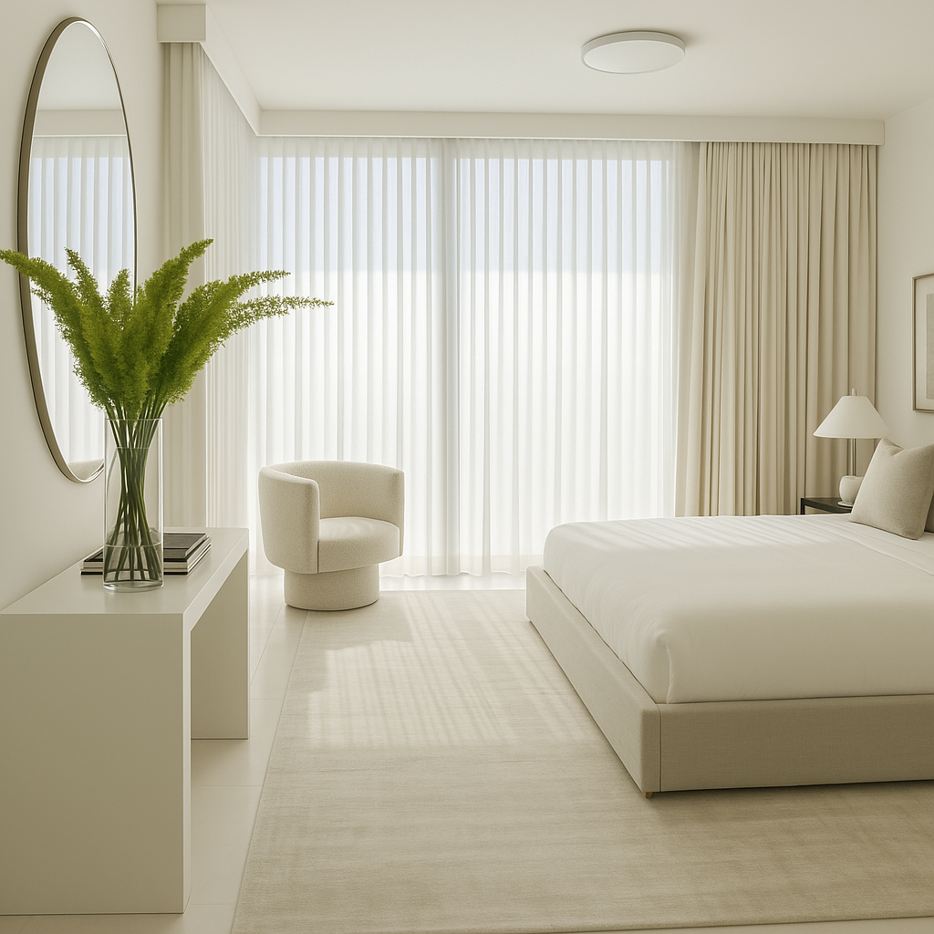 Casabella primary bedroom with layered sheer window treatments