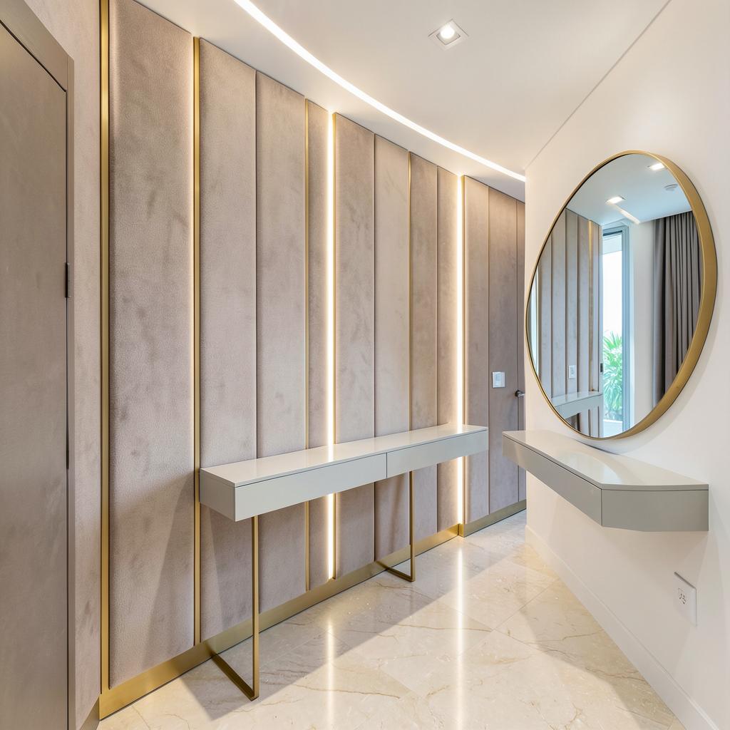 Corridor with upholstered taupe panels, brass reveals, recessed LED strips and round mirror