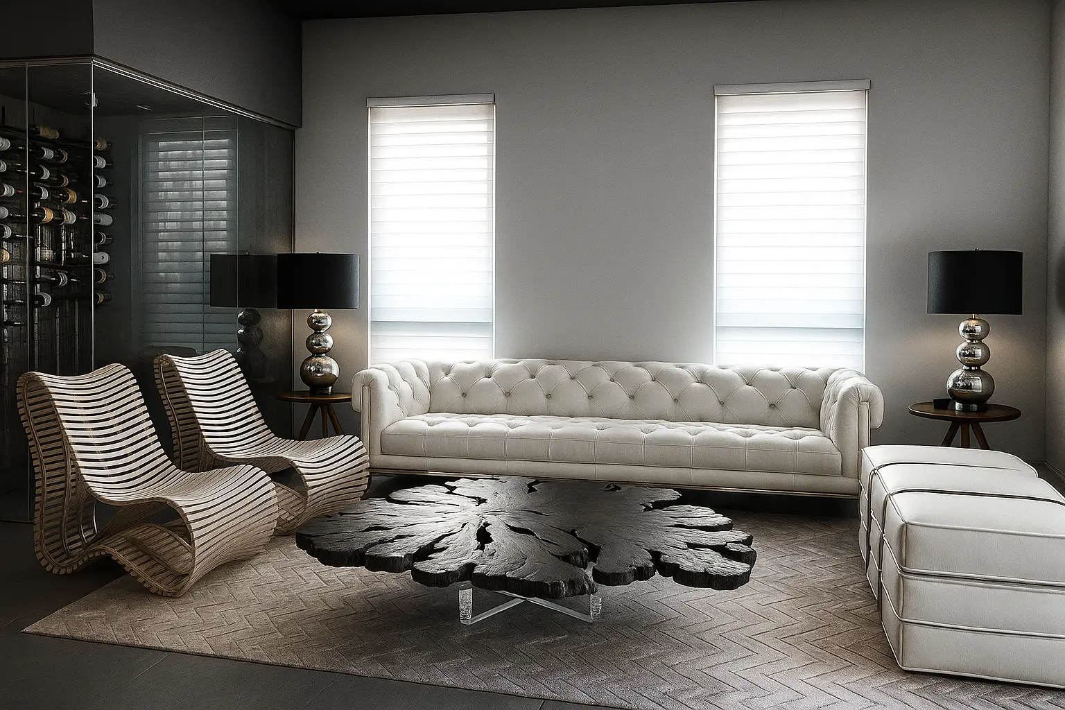 Casabella living room with two motorized light-filtering shades