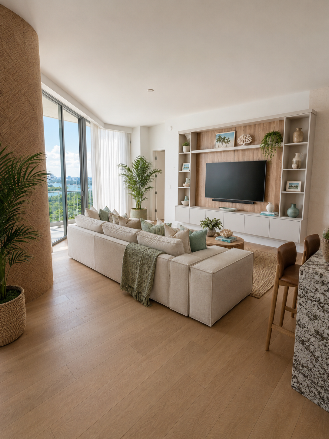 UNA Residences living room with custom WallTV and motorized drapery