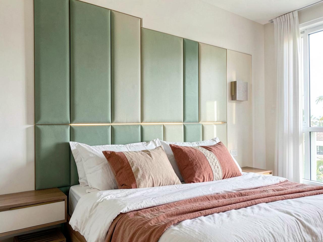 Bedroom with sage green and cream upholstered channel panels and brass inlays behind the bed