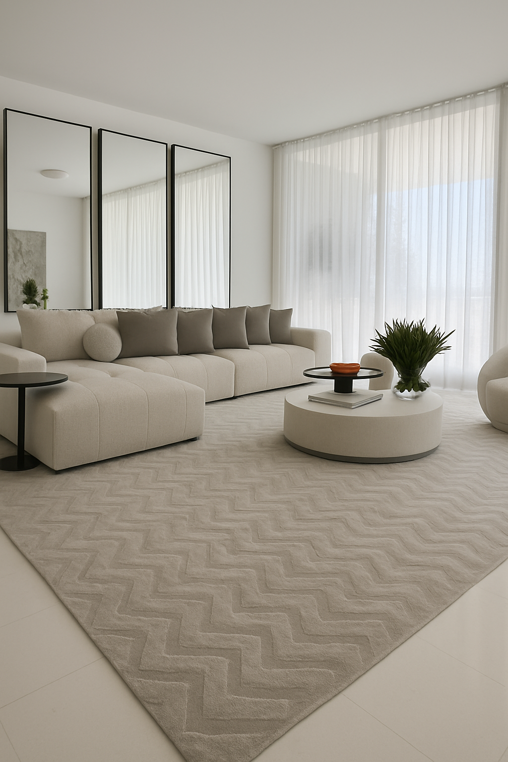 Casabella living room with full-height sheer ripple fold drapes
