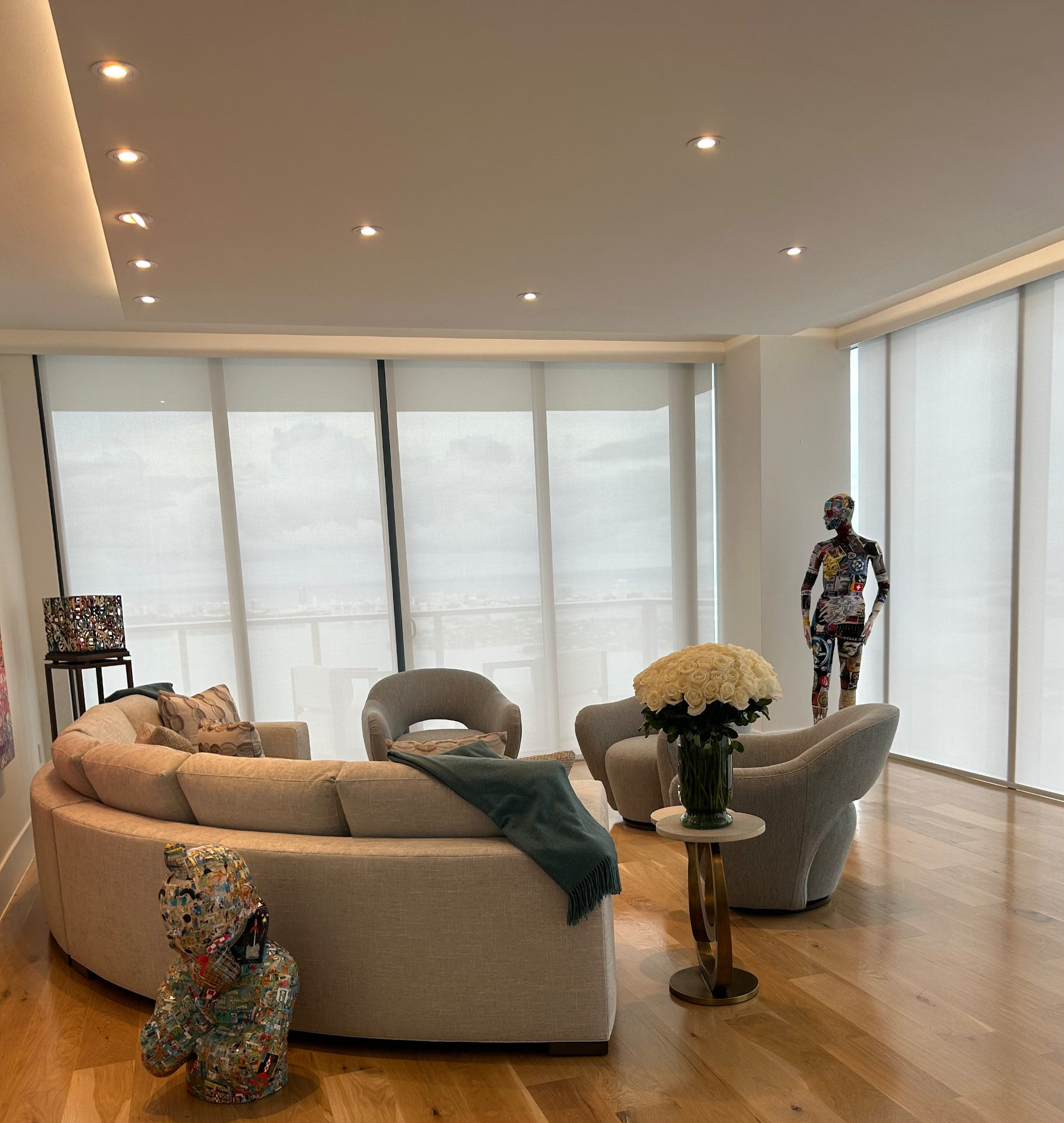 Missoni Baia living room with motorized solar shades
