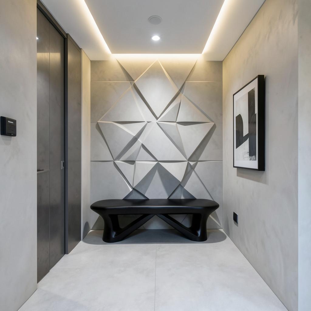 Hallway with three dimensional geometric plaster panels, grazing light and sculptural bench