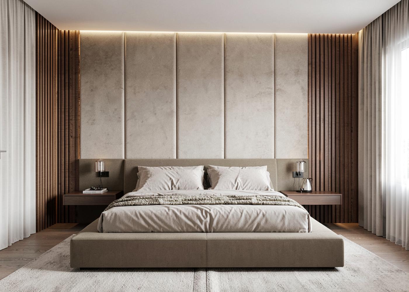 SLS Lux Brickell primary bedroom with upholstered panels and slatted wood wall