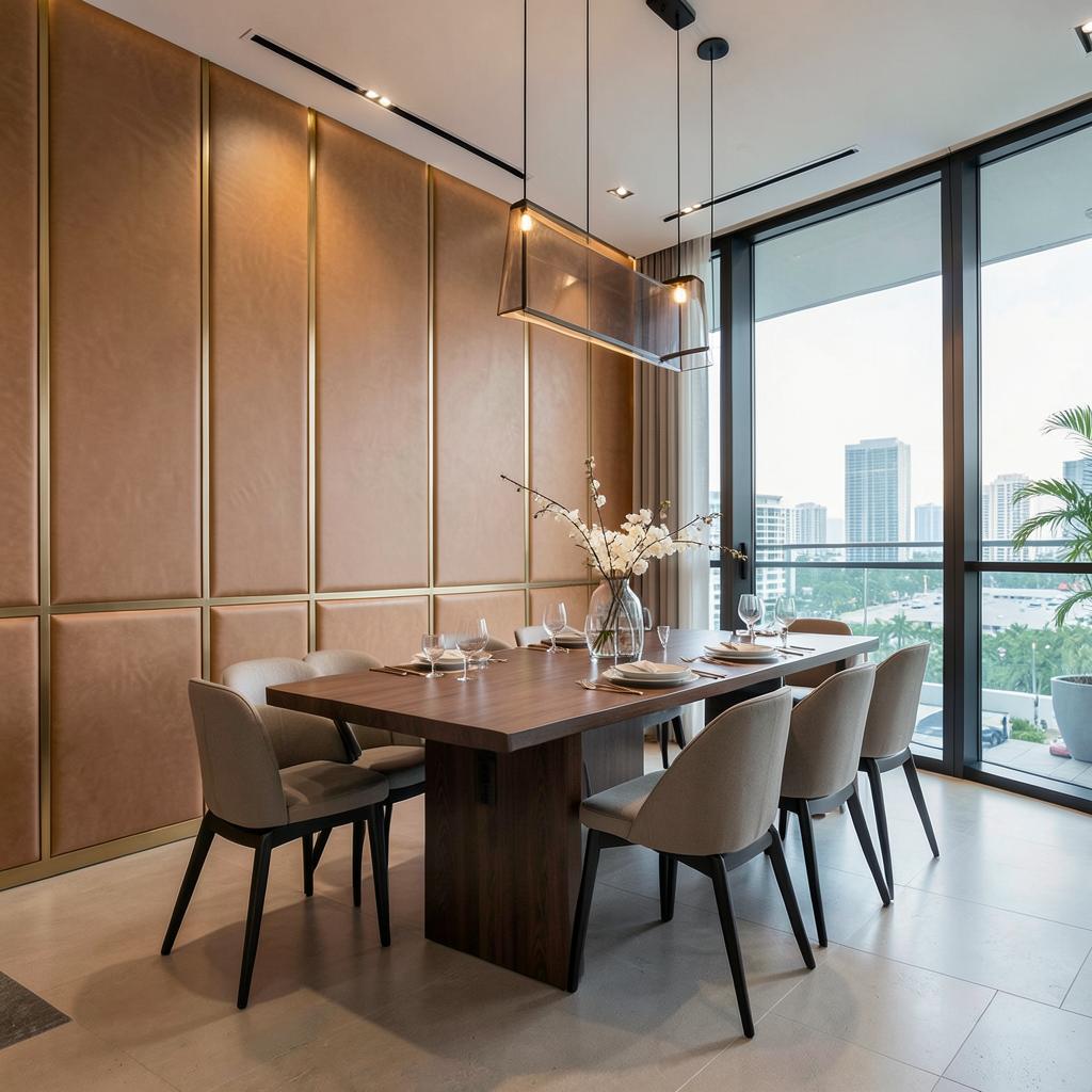 Dining room with caramel leather upholstered wall panels and brass trim