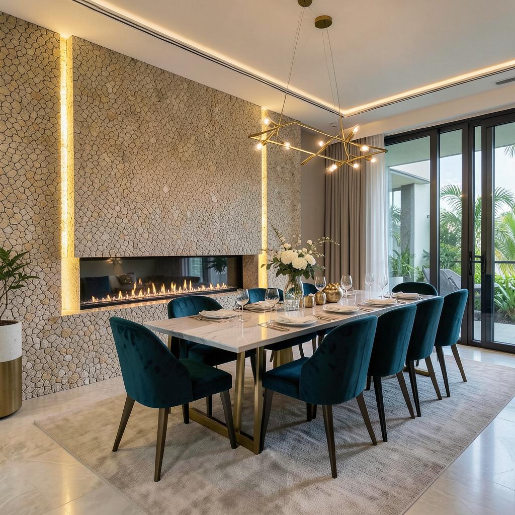 Dining room with stone-look feature wall, linear fireplace and LED niches