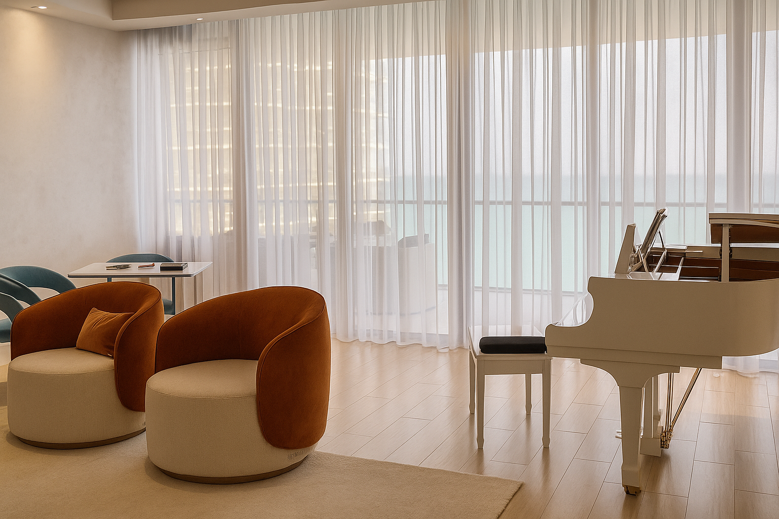 Doral Isles piano room with orange chairs and full-height sheer curtains