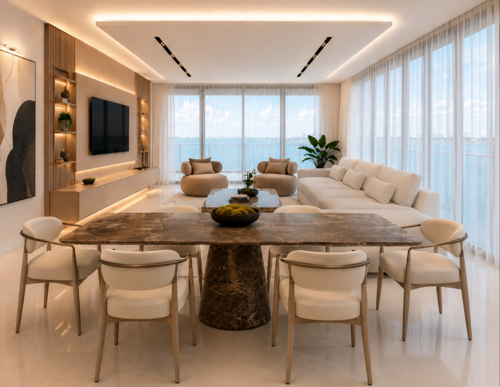 Aria Reserve living and dining room with sheer drapery and custom WallTV wall