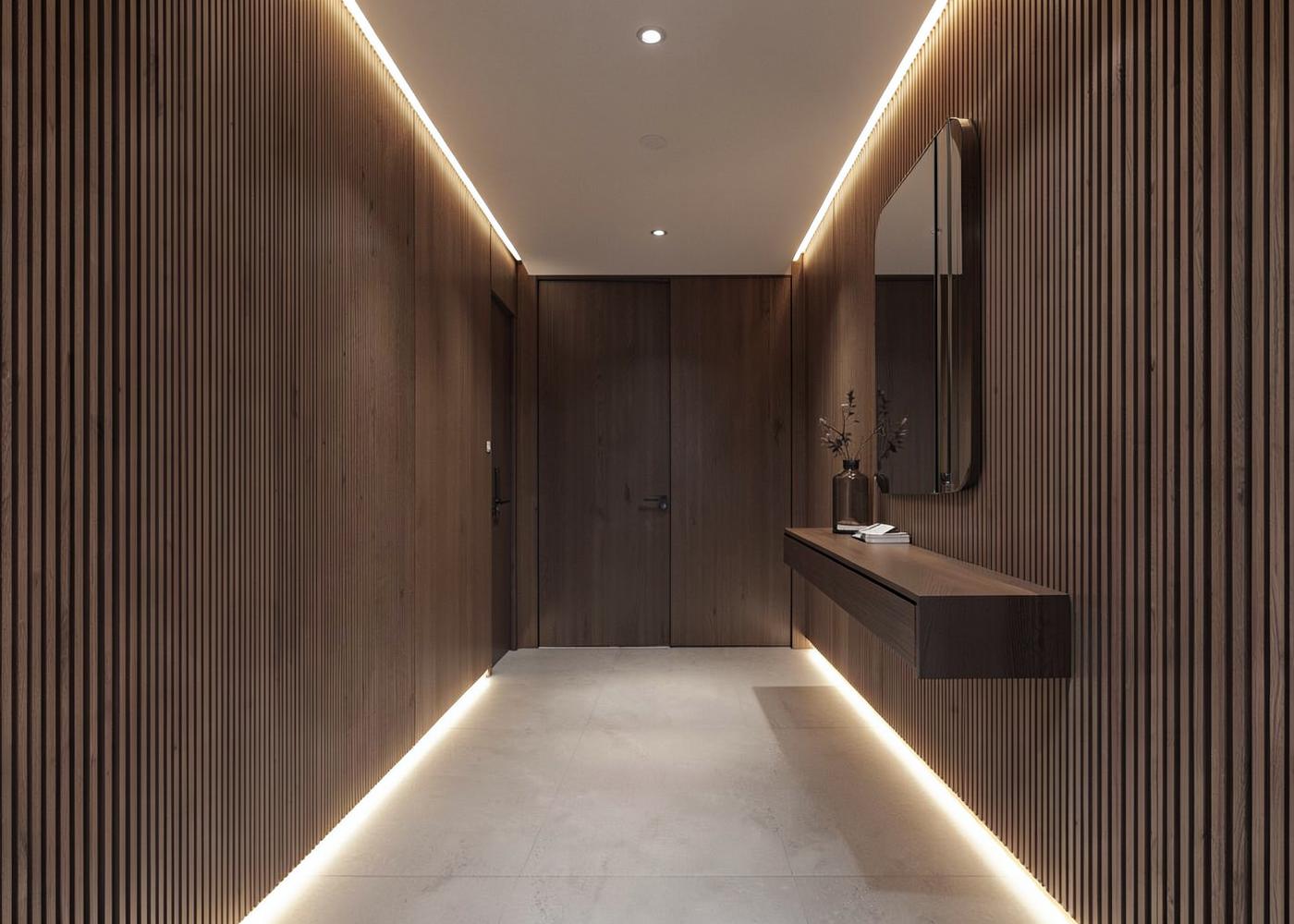 Elysee Miami entry hall fully wrapped in slatted wood paneling with LED lighting