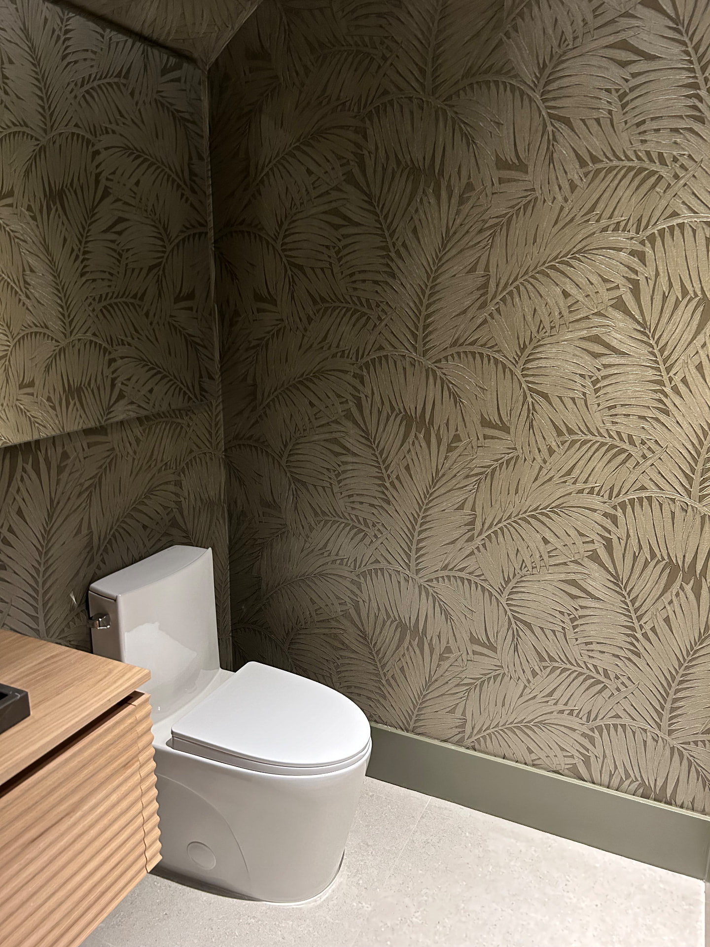 Missoni Baia powder room with dimensional palm wallcovering