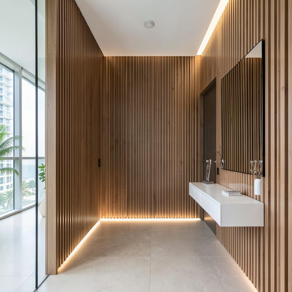 Entry foyer with floor-to-ceiling oak fluted panels, LED floor light line and floating console