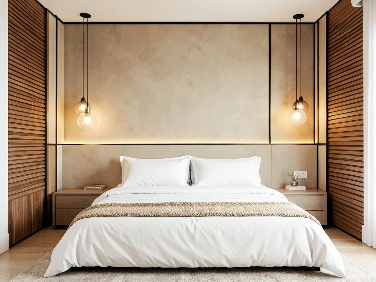 Minimalist bedroom with microcement headboard panel framed in black metal and flanked by backlit wood slats