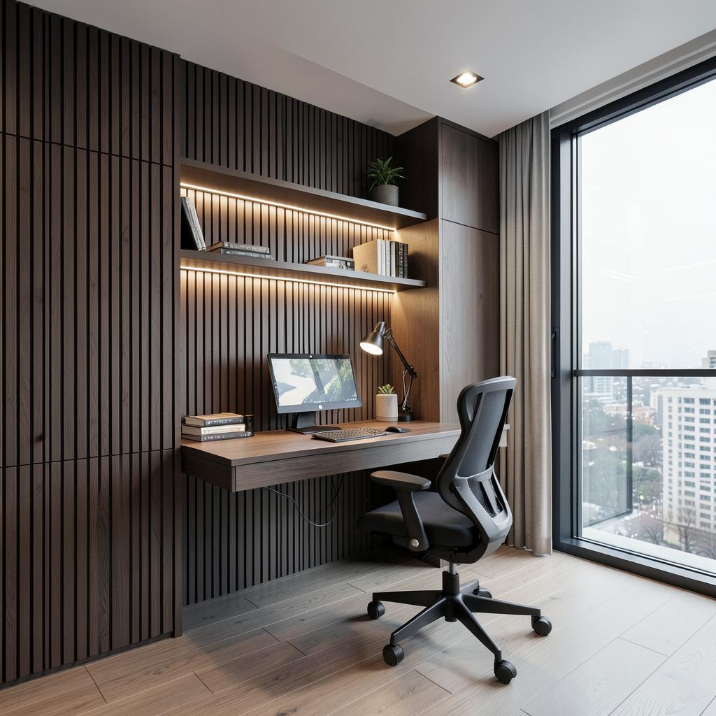Home office with dark wood slat wall paneling, floating desk and LED shelf lighting