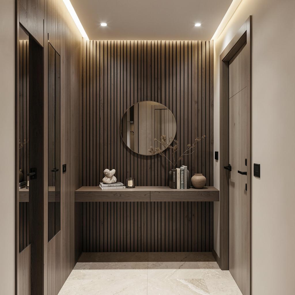 Dark wood slat entryway with cove lighting, round mirror and floating console