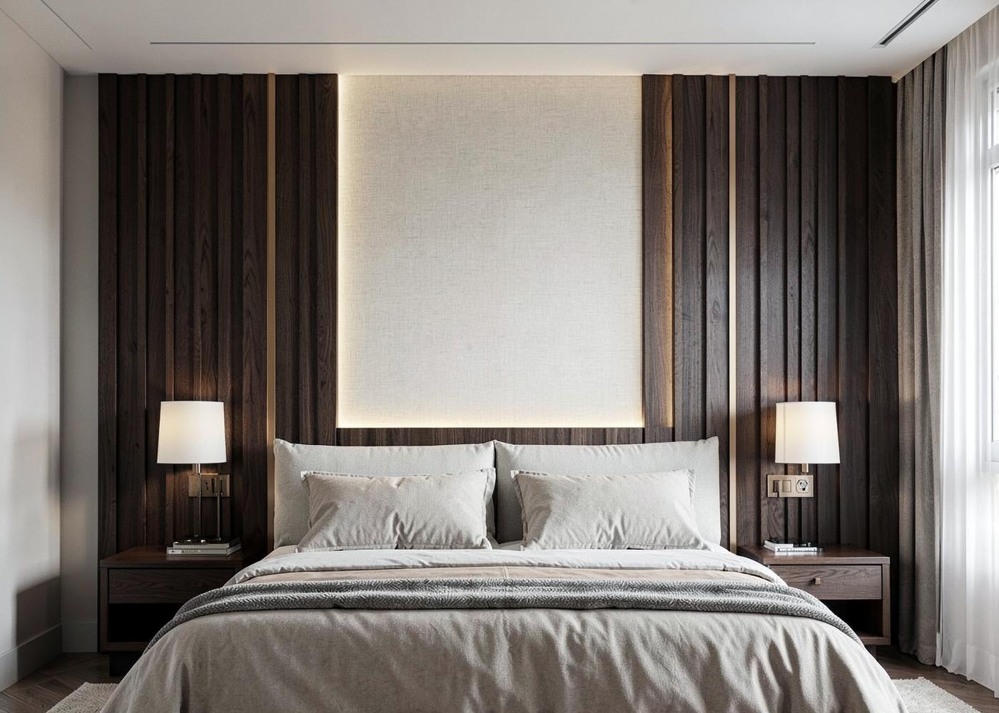 Paraiso Bay guest bedroom with dark slatted wood paneling and backlit linen panel
