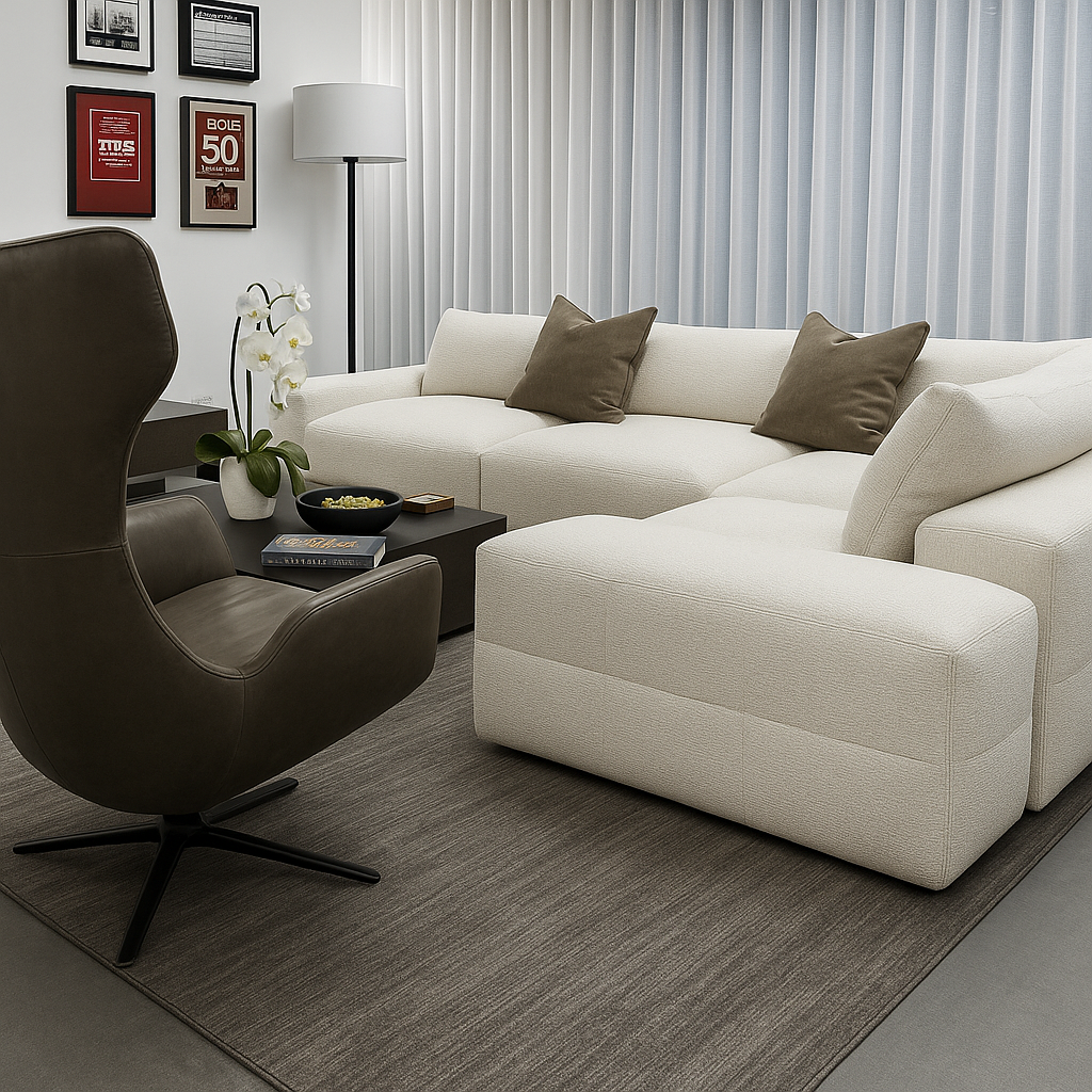 Doral Isles lounge with white sectional and vertical shades