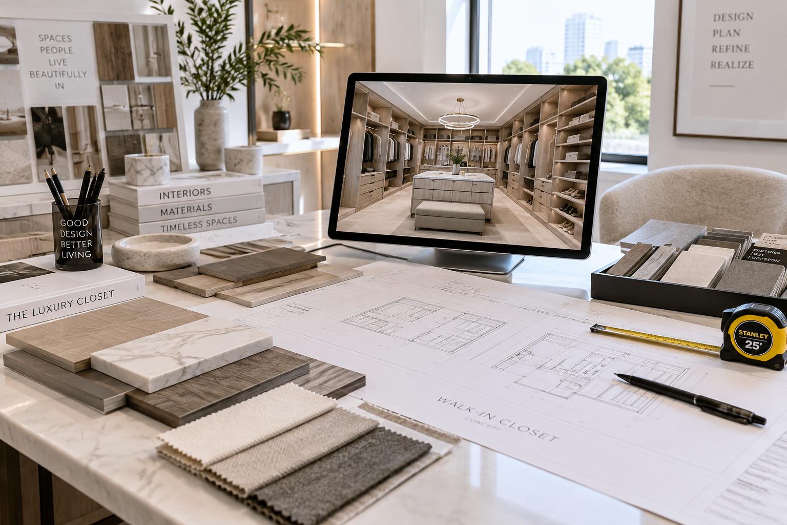 Designer working on a 3D closet layout with measurements