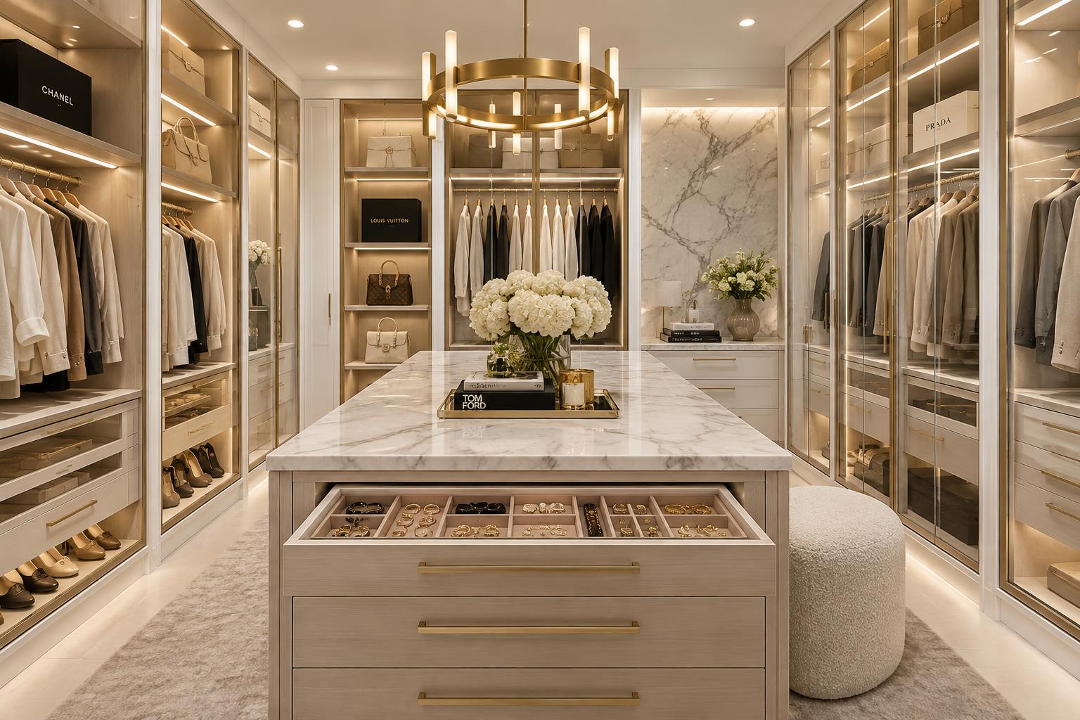 Luxury walk-in closet with island, glass fronts and LED lighting