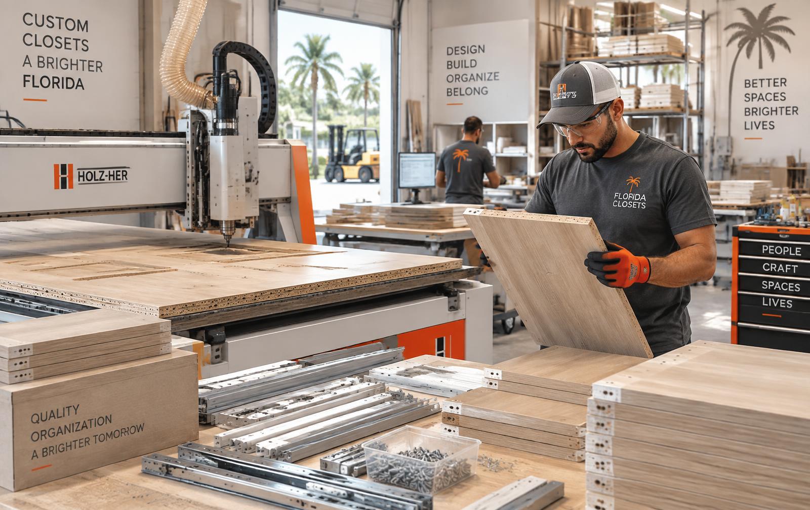Closet panels being cut and assembled in the workshop