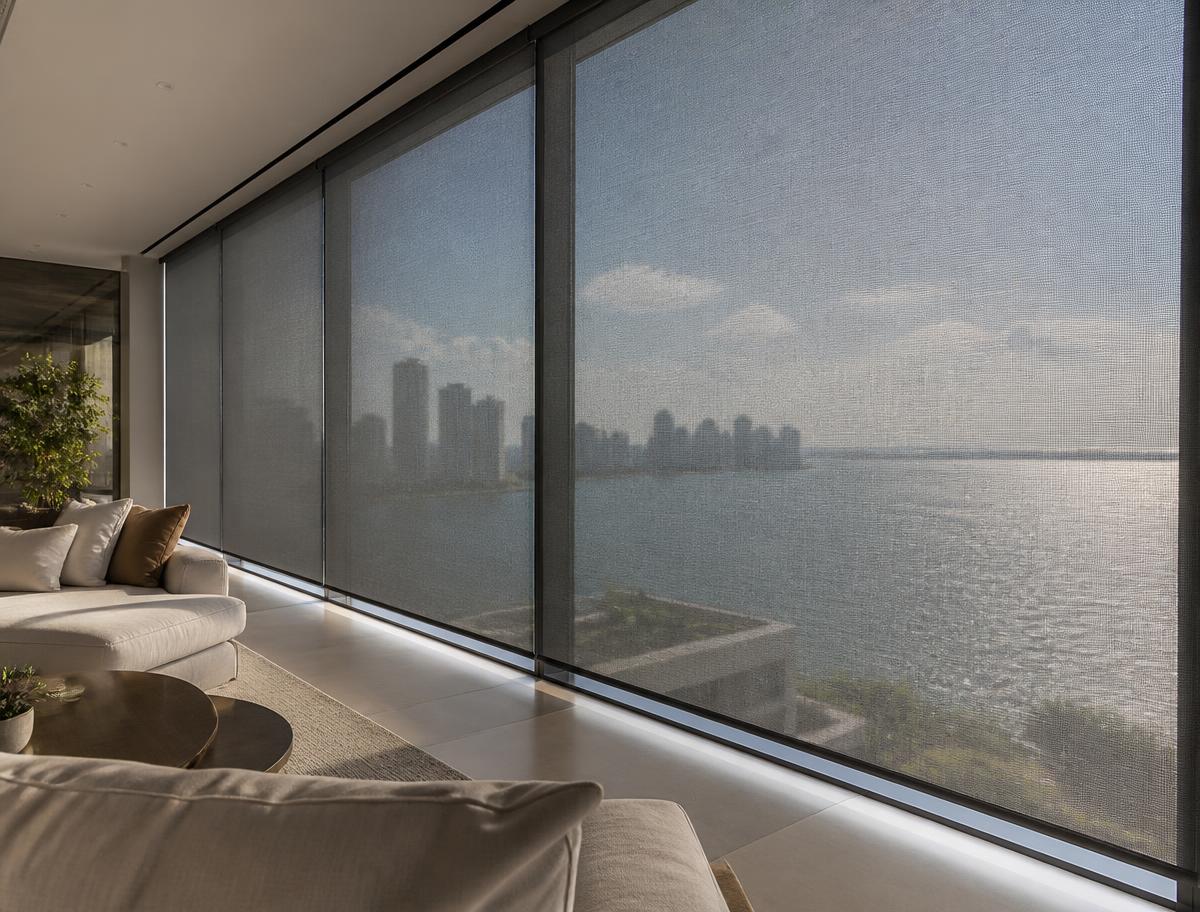 Screen roller shades filtering the Miami waterfront view from a luxury residence